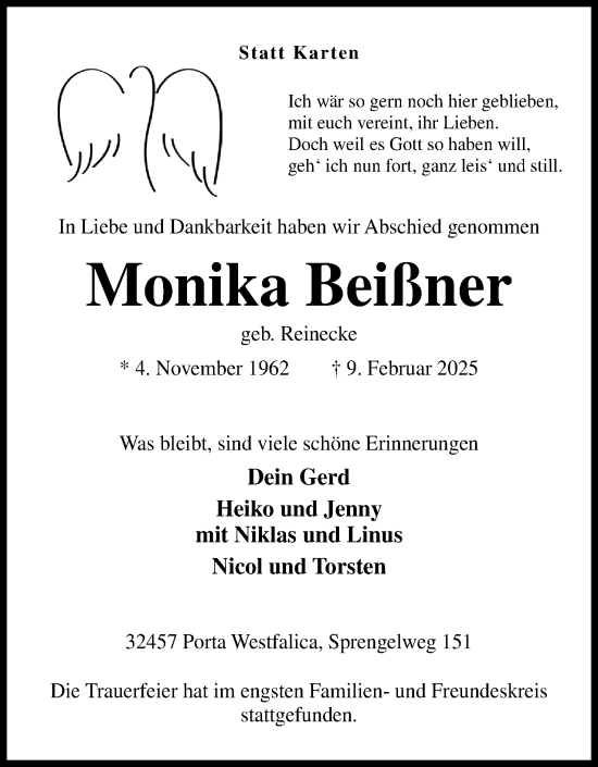 Anzeige von Monika Beißner von Mindener Tageblatt