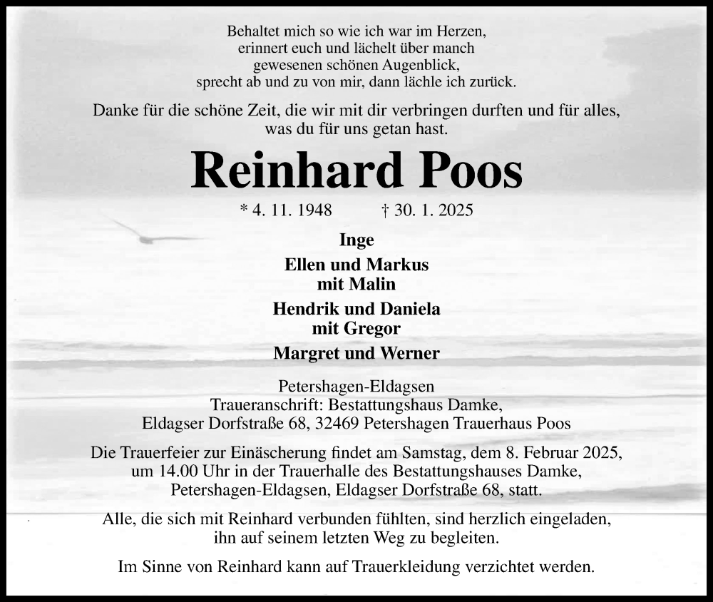  Traueranzeige für Reinhard Poos vom 01.02.2025 aus 4401