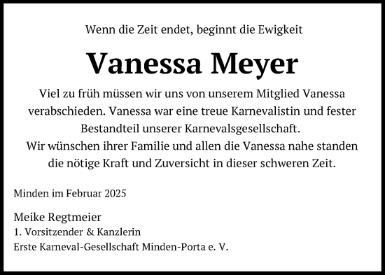 Anzeige von Vanessa Meyer von Mindener Tageblatt