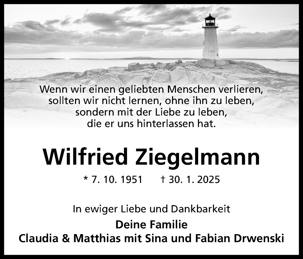  Traueranzeige für Wilfried Ziegelmann vom 01.02.2025 aus 4401