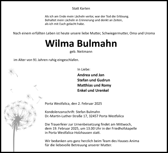 Anzeige von Wilma Bulmahn von 4401