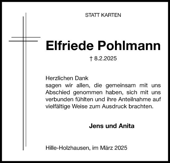 Anzeige von Elfriede Pohlmann von Mindener Tageblatt