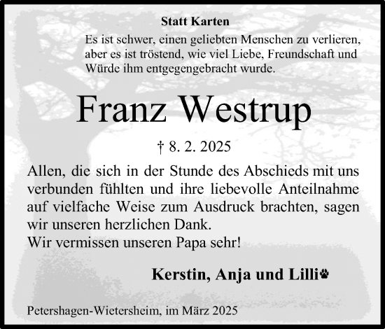 Anzeige von Franz Westrup von Mindener Tageblatt
