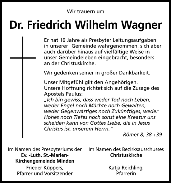 Anzeige von Friedrich Wilhelm Wagner von 4401