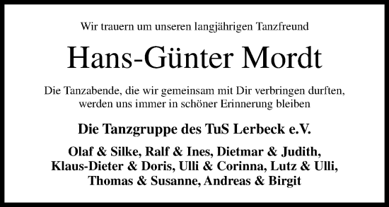 Anzeige von Hans-Günter Mordt von Mindener Tageblatt