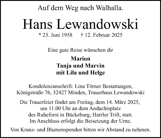 Anzeige von Hans Lewandowski von Mindener Tageblatt