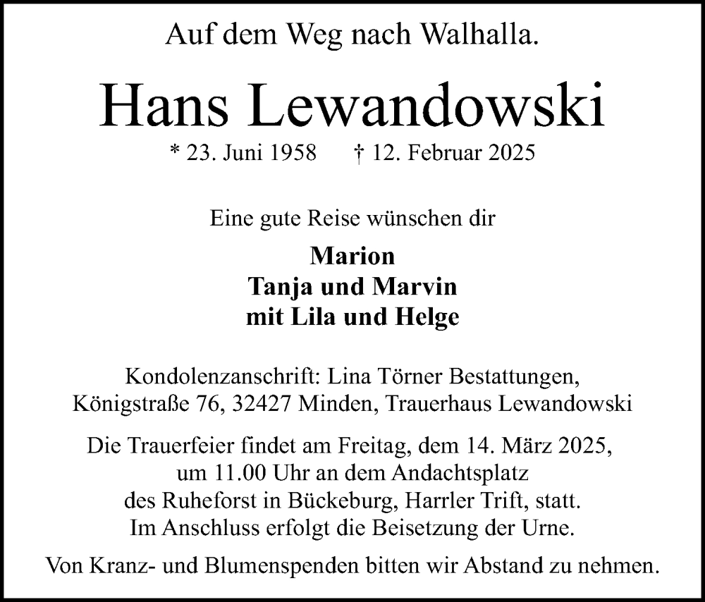  Traueranzeige für Hans Lewandowski vom 08.03.2025 aus Mindener Tageblatt