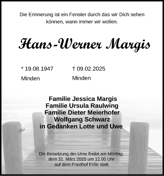 Anzeige von Hans-Werner Margis von Mindener Tageblatt