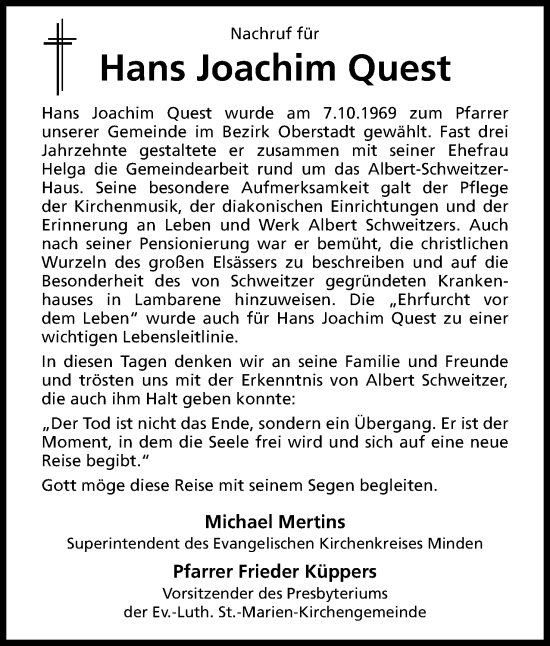 Anzeige von Hans Joachim Quest von 4401