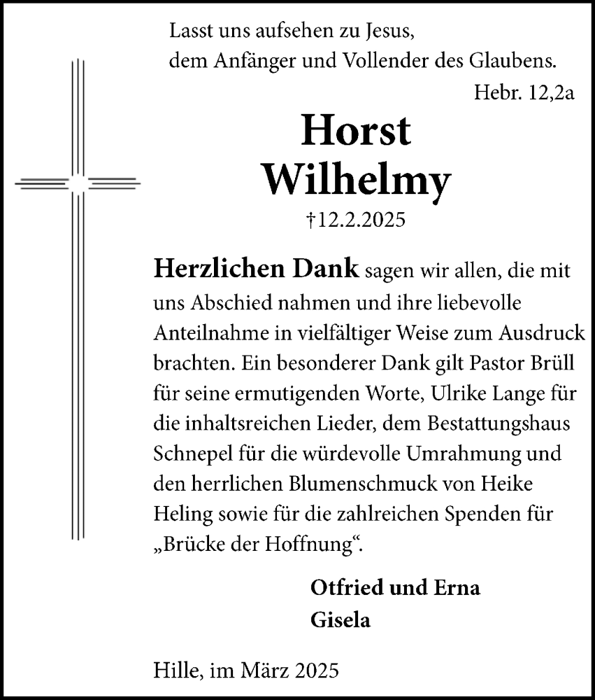  Traueranzeige für Horst Wilhelmy vom 29.03.2025 aus Mindener Tageblatt