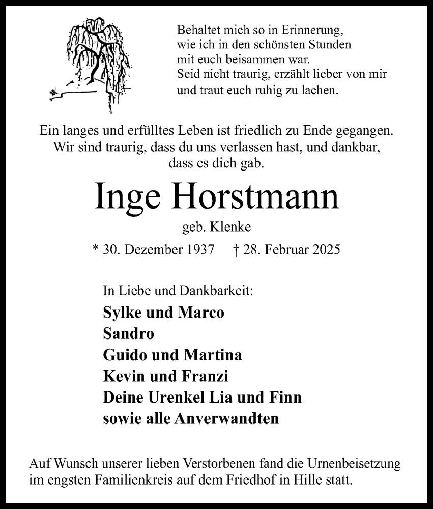  Traueranzeige für Inge Horstmann vom 15.03.2025 aus Mindener Tageblatt