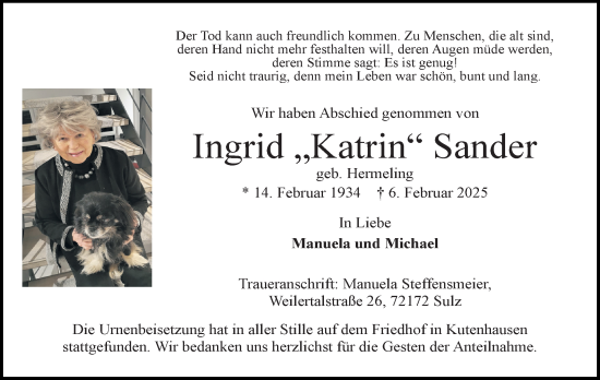 Anzeige von Ingrid Katrin Sander von 4401