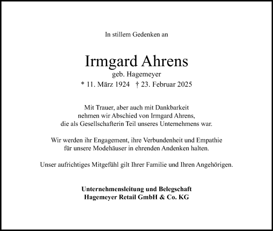 Anzeige von Irmgard Ahrens von 4401