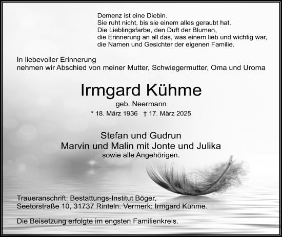 Anzeige von Irmgard Kühme von 4401