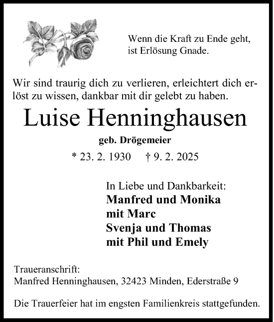 Anzeige von Luise Henninghausen von Mindener Tageblatt