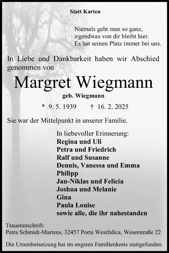 Anzeige von Margret Wiegmann von 4401