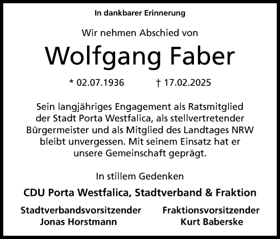 Anzeige von Wolfgang Faber von 4401