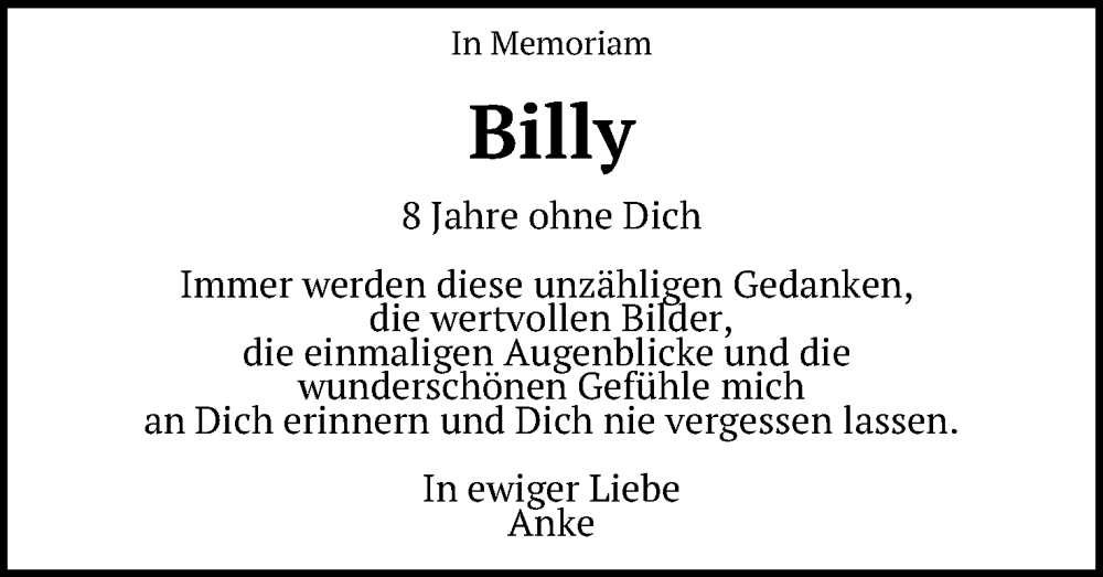  Traueranzeige für Billy Schwettmann vom 09.04.2025 aus Mindener Tageblatt