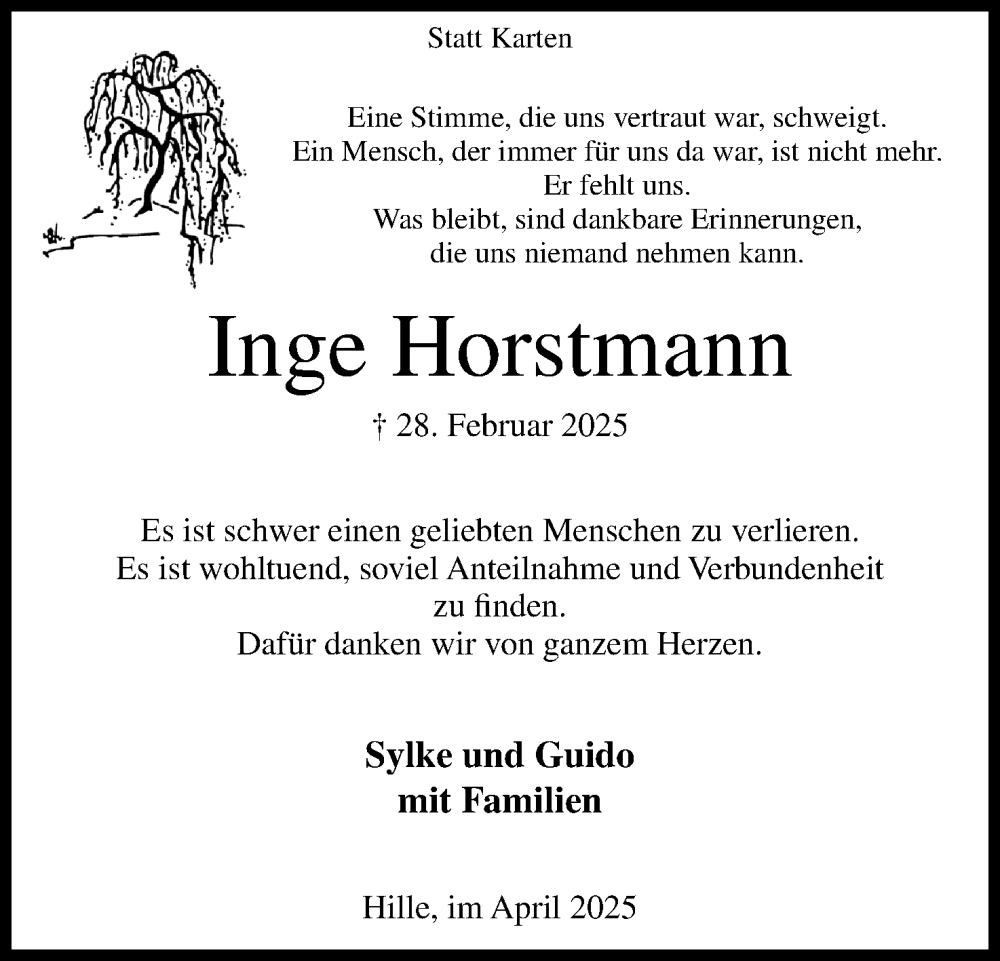  Traueranzeige für Inge Horstmann vom 12.04.2025 aus Mindener Tageblatt