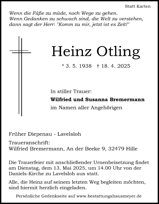 Anzeige von Heinz Otling von Mindener Tageblatt