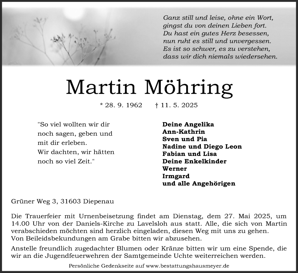  Traueranzeige für Martin Möhring vom 17.05.2025 aus Mindener Tageblatt