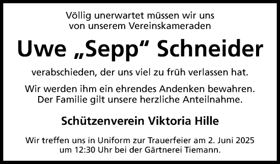 Anzeige von Uwe Schneider von Mindener Tageblatt
