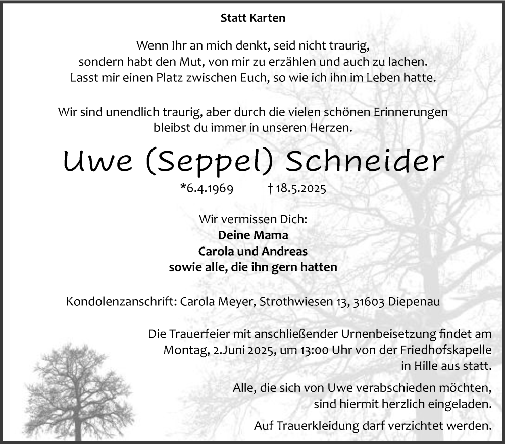  Traueranzeige für Uwe Schneider vom 24.05.2025 aus Mindener Tageblatt