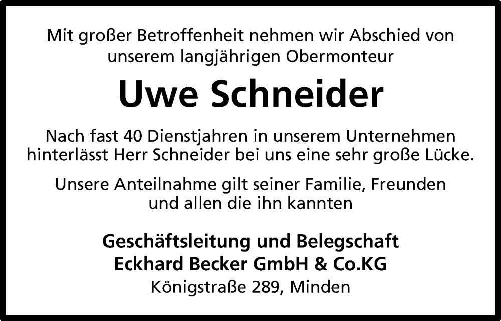  Traueranzeige für Uwe Schneider vom 24.05.2025 aus Mindener Tageblatt