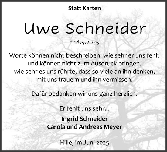 Anzeige von Uwe Schneider von Mindener Tageblatt