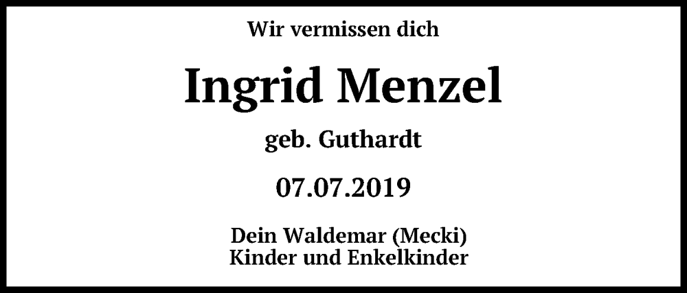  Traueranzeige für Ingrid Menzel vom 07.07.2025 aus Mindener Tageblatt