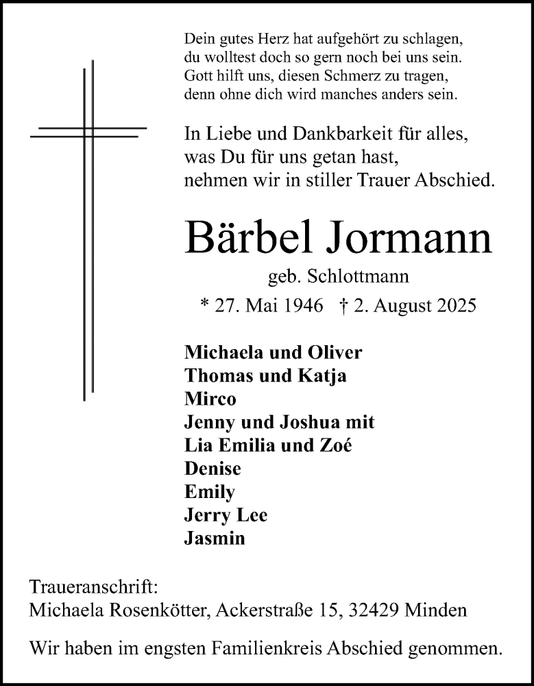  Traueranzeige für Bärbel Jormann vom 09.08.2025 aus Mindener Tageblatt