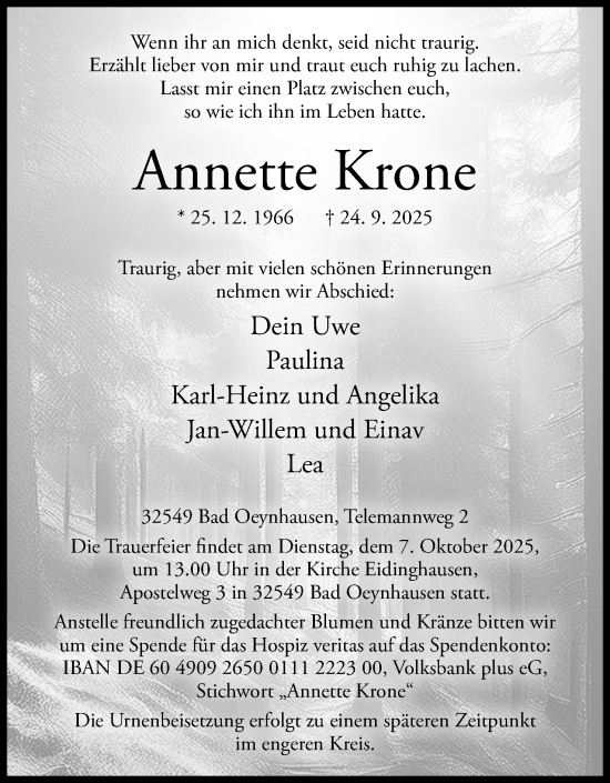 Anzeige von Annette Krone von Mindener Tageblatt