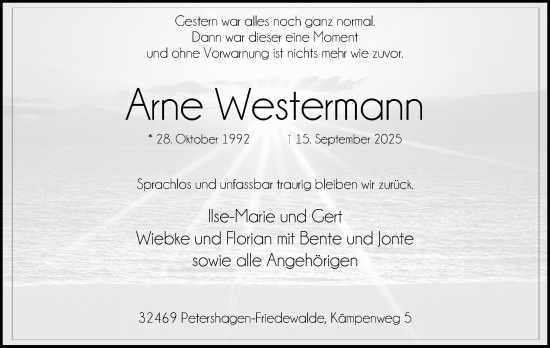 Anzeige von Arne Westermann von Mindener Tageblatt