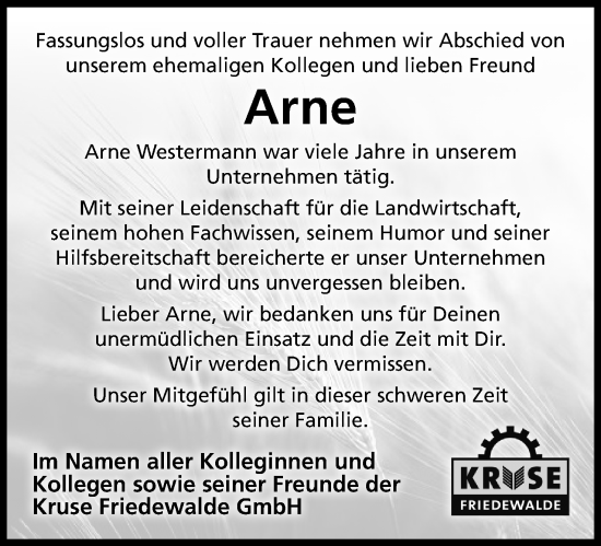 Anzeige von Arne Westermann von Mindener Tageblatt