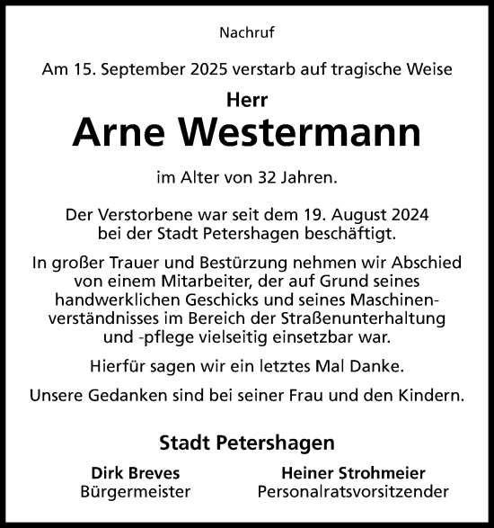 Anzeige von Arne Westermann von Mindener Tageblatt