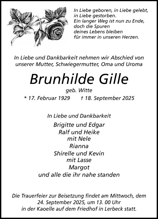 Anzeige von Brunhilde Gille von Mindener Tageblatt