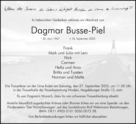 Anzeige von Dagmar Busse-Piel von Mindener Tageblatt