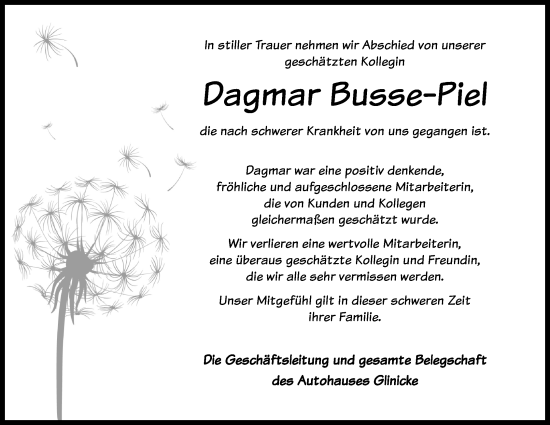 Anzeige von Dagmar Busse-Piel von Mindener Tageblatt