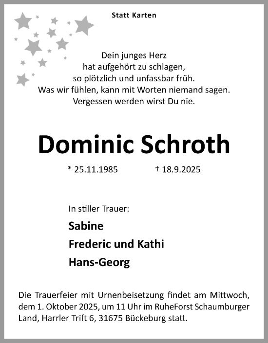 Anzeige von Dominic Schroth von Mindener Tageblatt