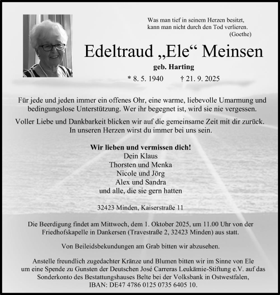Anzeige von Edeltraud Meinsen von Mindener Tageblatt