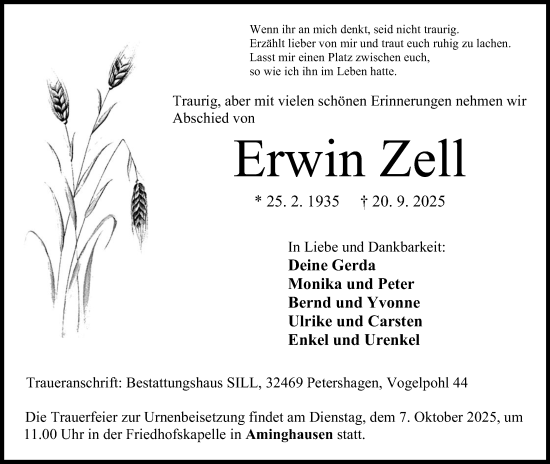 Anzeige von Erwin Zell von Mindener Tageblatt