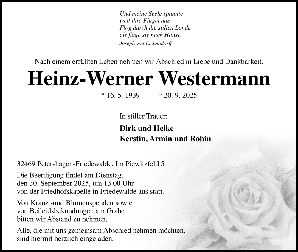  Traueranzeige für Heinz-Werner Westermann vom 27.09.2025 aus Mindener Tageblatt