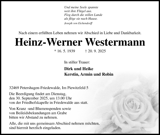 Anzeige von Heinz-Werner Westermann von Mindener Tageblatt