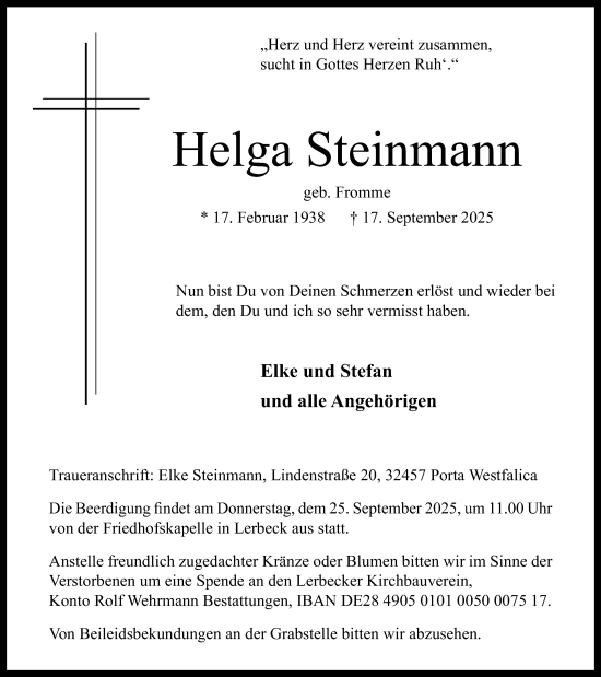 Anzeige von Helga Steinmann von Mindener Tageblatt