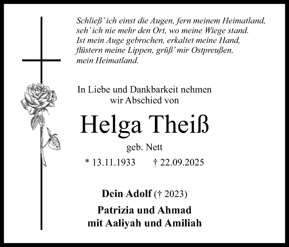  Traueranzeige für Helga Theiß vom 27.09.2025 aus Mindener Tageblatt