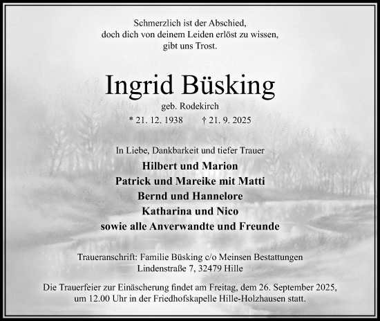 Anzeige von Ingrid Büsking von Mindener Tageblatt