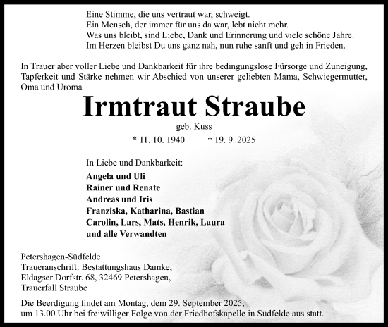 Anzeige von Irmtraut Straube von Mindener Tageblatt