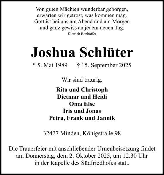 Anzeige von Joshua Schlüter von Mindener Tageblatt