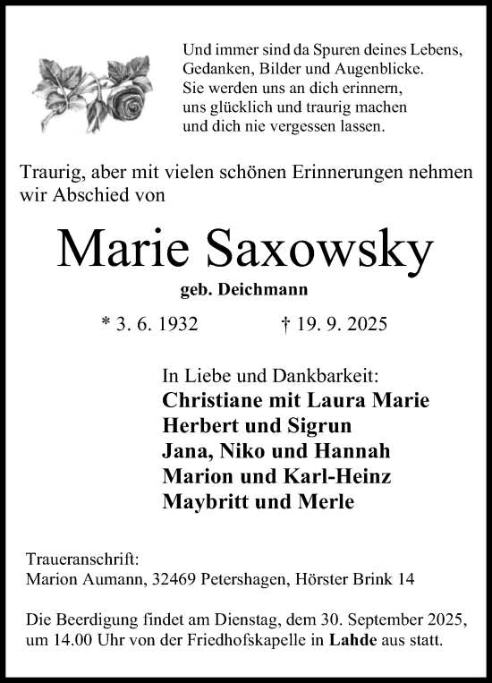 Anzeige von Marie Saxowsky von Mindener Tageblatt