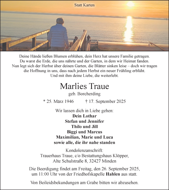 Anzeige von Marlies Traue von Mindener Tageblatt